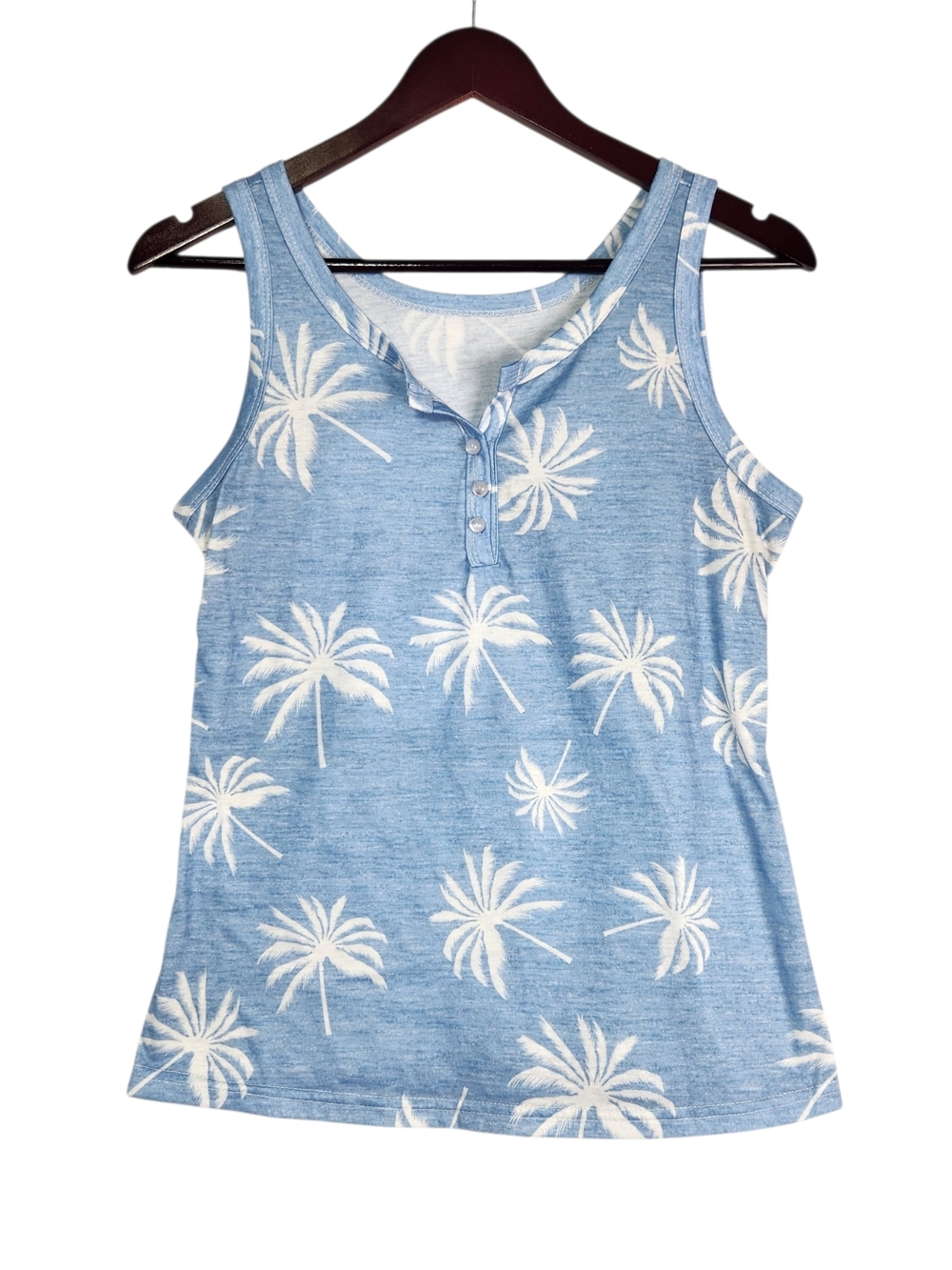 Blue Palm Print Tank Top Sleeveless Henley Tropical Beachy Casual Vacation Small